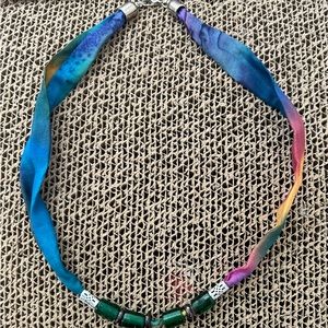 Hand painted silk and stones necklace.